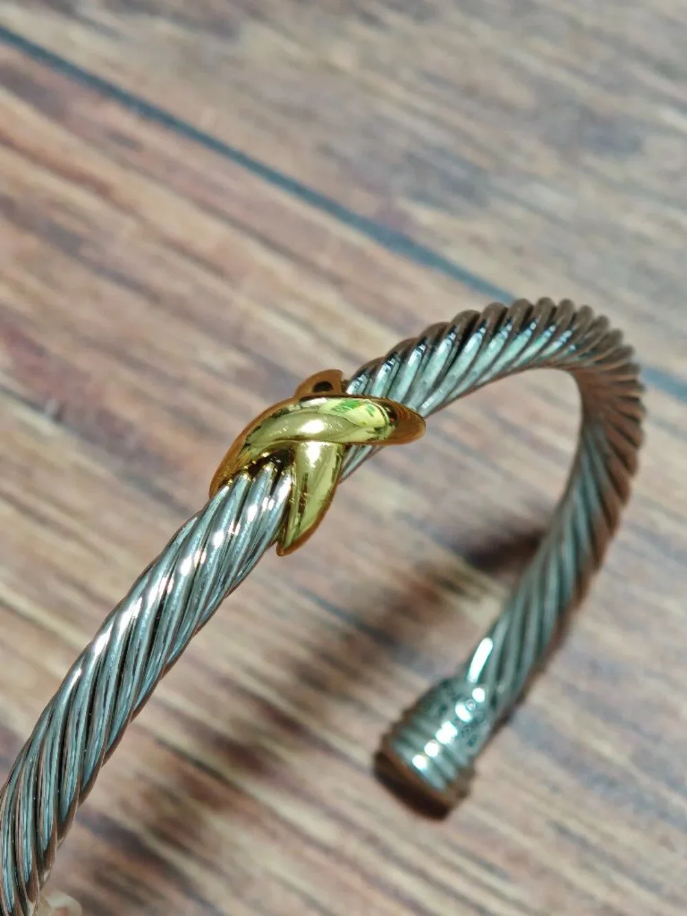 David Yurman Two-Tone Twisted Cable Cuff Bracelet - Silver and Gold